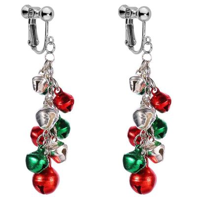 Christmas Clip On Earrings for Women, Non-Pierced, Red Green Snowflake Jingle Bell Cane Knot Dangle, Colorful Festival Party Jewelry, Holiday Drop Earrings
