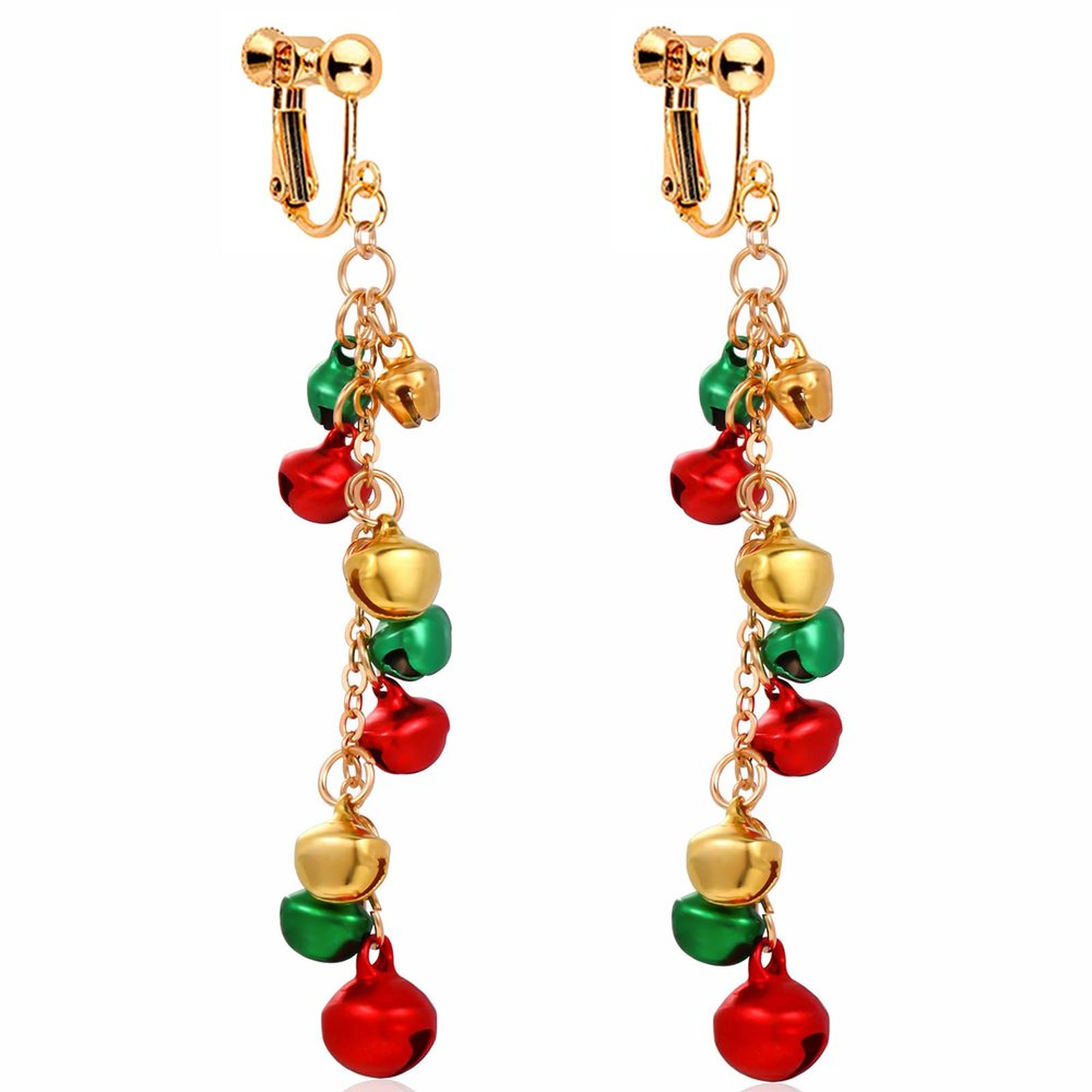 Christmas Clip On Earrings for Women, Non-Pierced, Red Green Snowflake Jingle Bell Cane Knot Dangle, Colorful Festival Party Jewelry, Holiday Drop Earrings