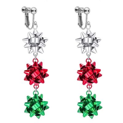 Christmas Clip On Earrings for Women, Non-Pierced, Red Green Snowflake Jingle Bell Cane Knot Dangle, Colorful Festival Party Jewelry, Holiday Drop Earrings