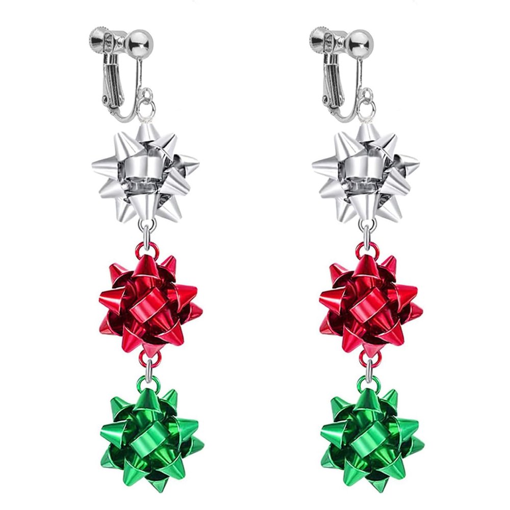 Christmas Clip On Earrings for Women, Non-Pierced, Red Green Snowflake Jingle Bell Cane Knot Dangle, Colorful Festival Party Jewelry, Holiday Drop Earrings