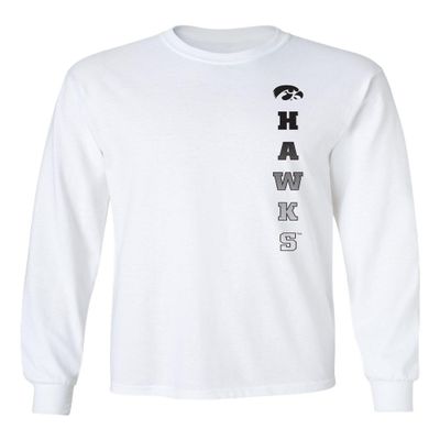 CornBorn Iowa Hawkeyes Apparel Men Shirt - Long Sleeve - Vert Hawks Fade with Tigerhawk - White - Medium