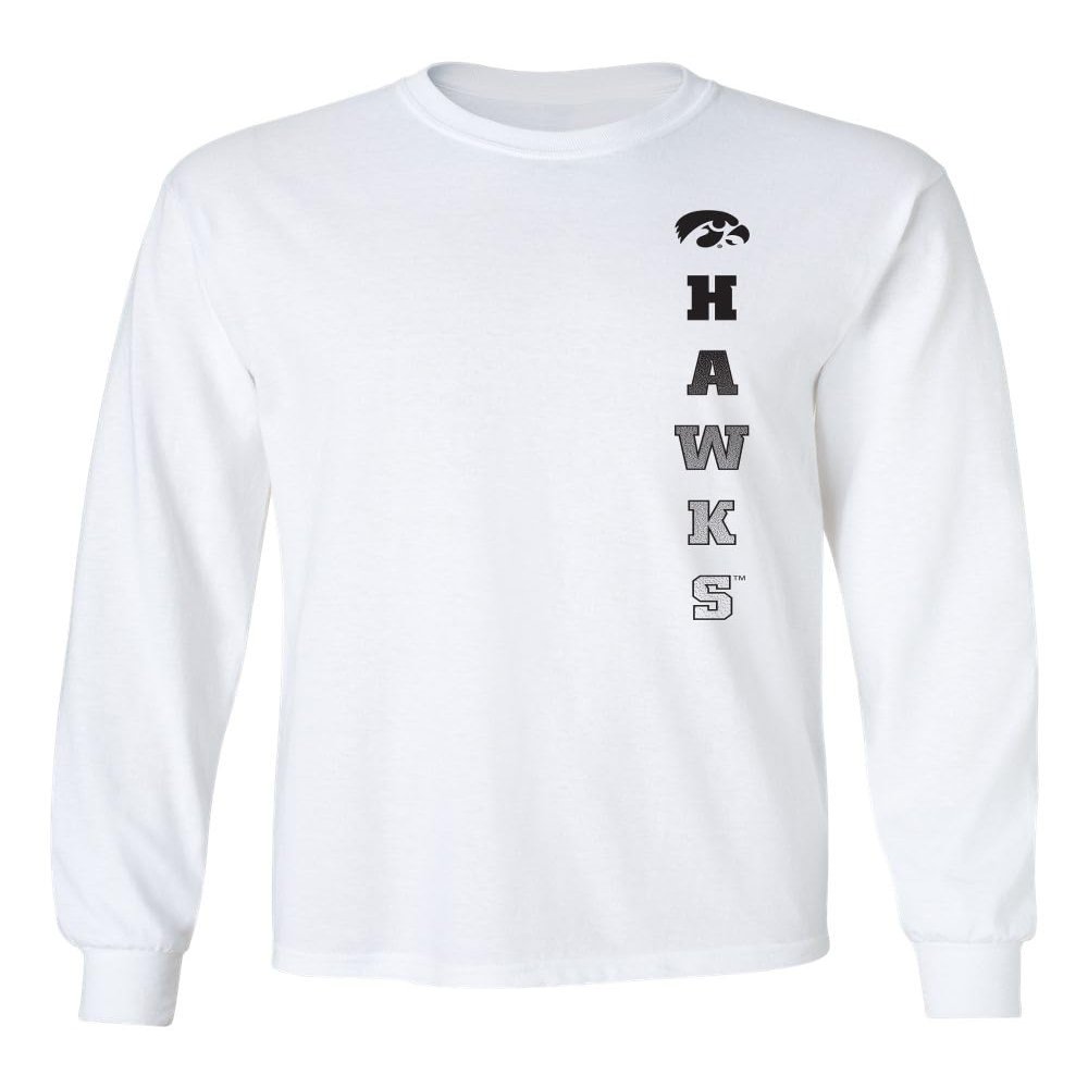 CornBorn Iowa Hawkeyes Apparel Men Shirt - Long Sleeve - Vert Hawks Fade with Tigerhawk - White - Medium