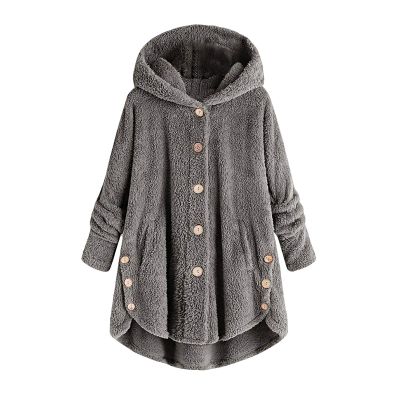 yaoeye Womens Cardigan Tops Button Coat Plus Jacket Loose Winter Hooded Wool Women Plush Size Coats
