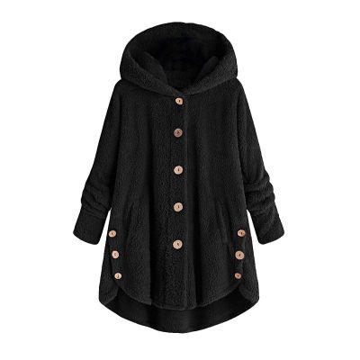 yaoeye Womens Cardigan Tops Button Coat Plus Jacket Loose Winter Hooded Wool Women Plush Size Coats