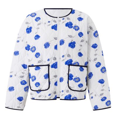 HzDazrl Women Floral Quilted Puffer Jacket Zip Up Long Sleeve Print Lightweight Casual Winter Y2k Jacket Padded Coat (Sky Blue, S)