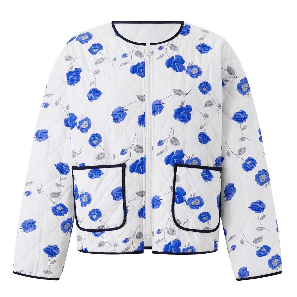 HzDazrl Women Floral Quilted Puffer Jacket Zip Up Long Sleeve Print Lightweight Casual Winter Y2k Jacket Padded Coat (Sky Blue, S)