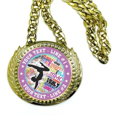 JUSTAWARDMEDALS Female Gymnastics Champ Chain, 6 Giant Award Gift Medal Prize, Add Your Custom Text on Line 1 and Line 2. Plastic with Polished Gold Finish, Customized Champ Chain Design