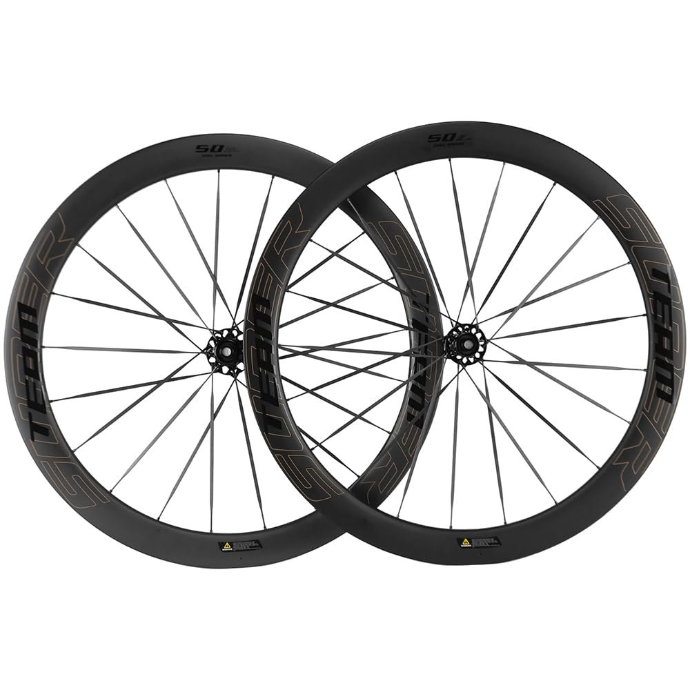 SUPERTEAM 50/28mm Road Disc Brake Carbon Fiber Tubeless Wheelset Carbon Spokes Ultra Light Ratchet System Hub (FIT for SHIMAN0 8-12 Speed, QR Type 9 * 100/10 * 135mm)