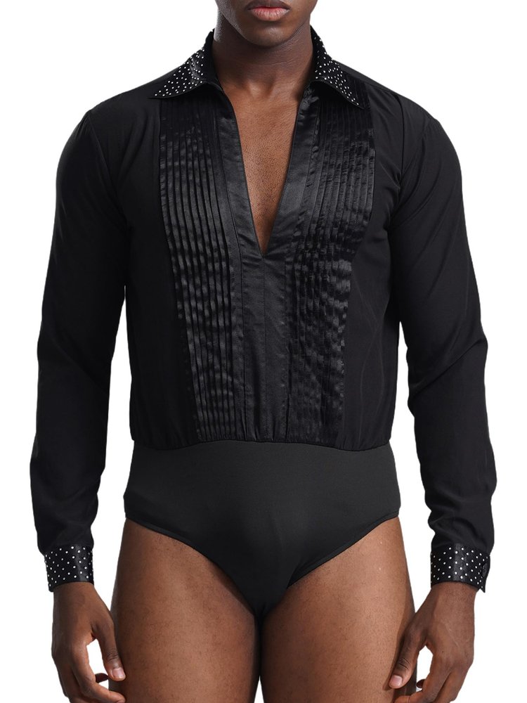 XUNZOO Mens Glittery Rhinestones Leotard V Neck Long Sleeve Pleated Bodysuit Ballroom Latin Dancewear Black XX-Large