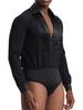 XUNZOO Mens Glittery Rhinestones Leotard V Neck Long Sleeve Pleated Bodysuit Ballroom Latin Dancewear Black XX-Large view 3