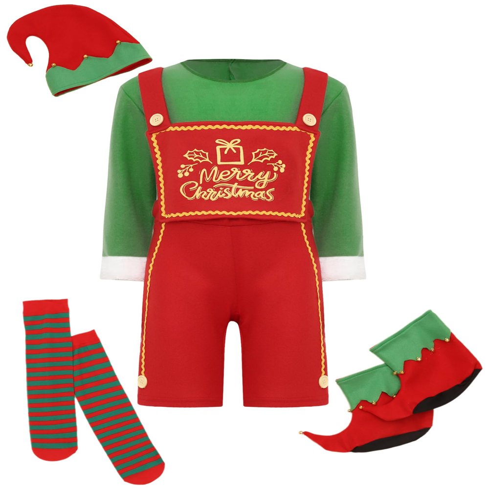 Loodgao Baby Boys Christmas Elf Cosplay Costume Santa Helper Fairy Fancy Dress Up Bodysuit with Accessories Set Red Green 11-12 Years