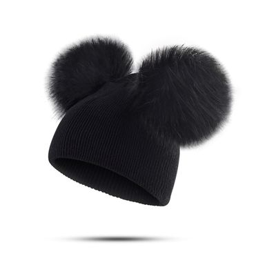 Ayuduots Unisex Children Double Big Pompom Ball Beanie Hat, Winter Warm Knitted Cotton Beanies Cap for Girls Boys, Black