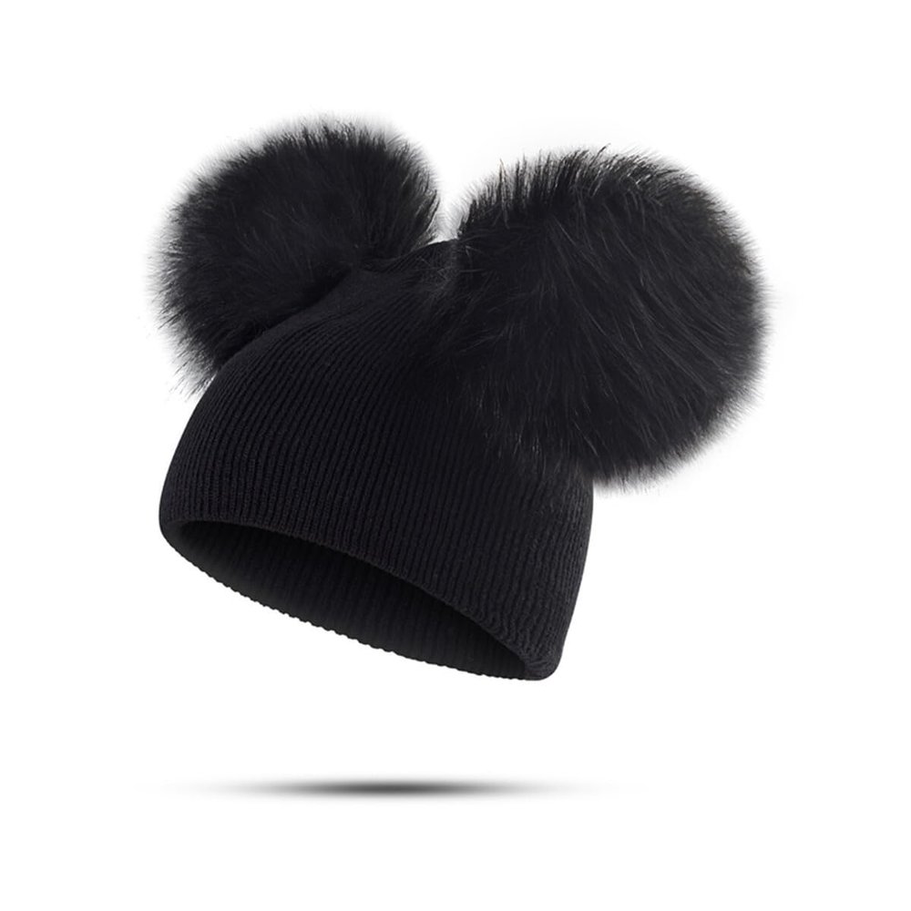 Ayuduots Unisex Children Double Big Pompom Ball Beanie Hat, Winter Warm Knitted Cotton Beanies Cap for Girls Boys, Black