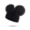 Ayuduots Unisex Children Double Big Pompom Ball Beanie Hat, Winter Warm Knitted Cotton Beanies Cap for Girls Boys, Black view 1
