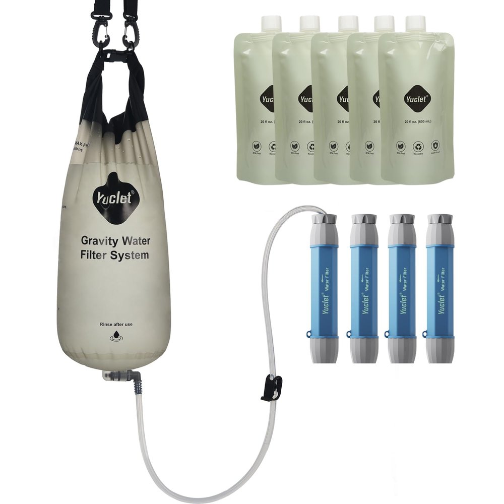 Gravity Water Filter System for Hiking, Camping, Travel, and Emergency Preparedness (1 Gravity Bag, 4 Water Filter Straw, 5 Squeezable 20-Oz Water Pouch)