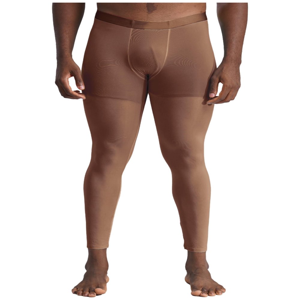 Miutii Mens Bulge Pouch Compression Pants Athletic Johns Legging Tights Thermal Baselayer Trousers Brown A Medium