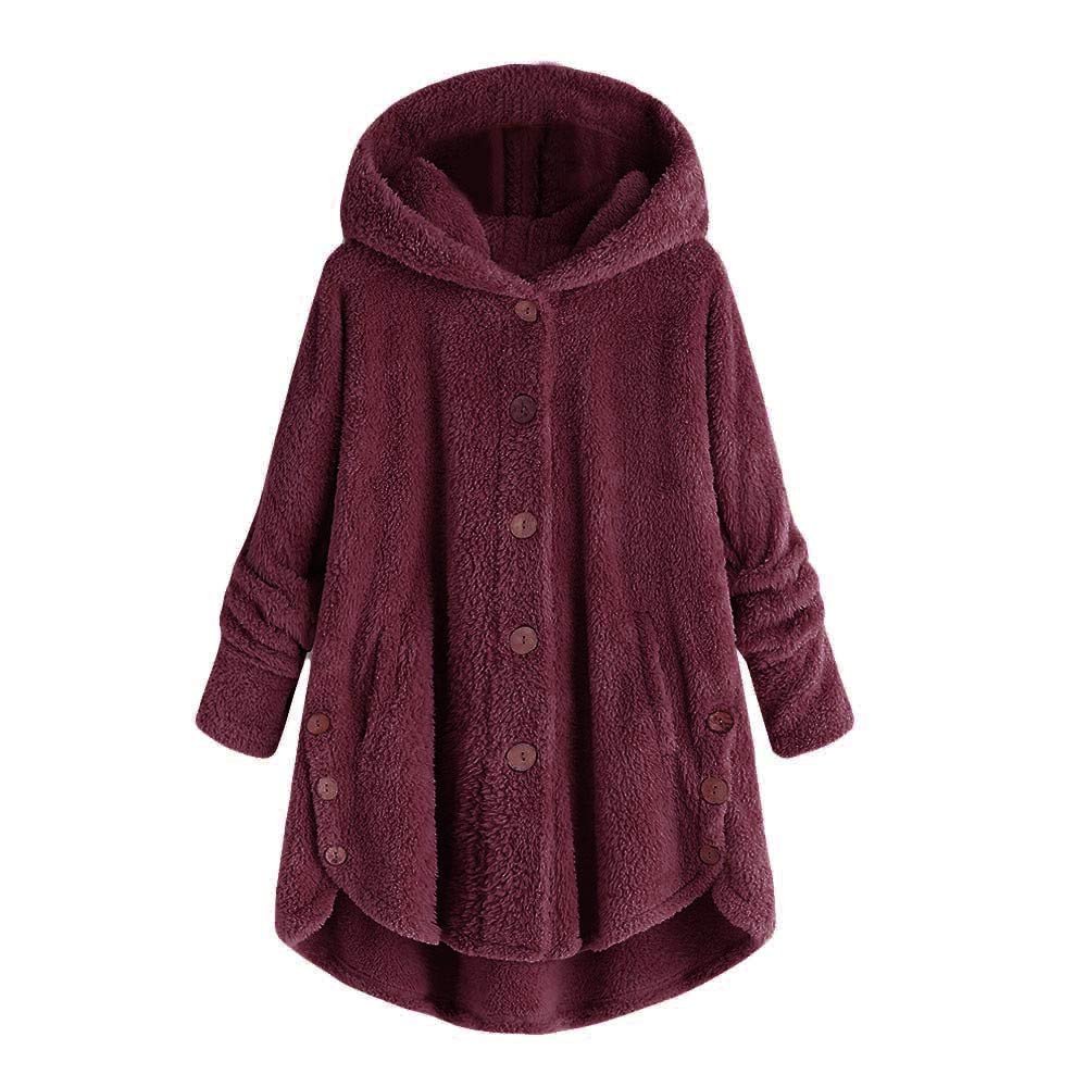 yaoeye Womens Cardigan Tops Button Coat Plus Jacket Loose Winter Hooded Wool Women Plush Size Coats