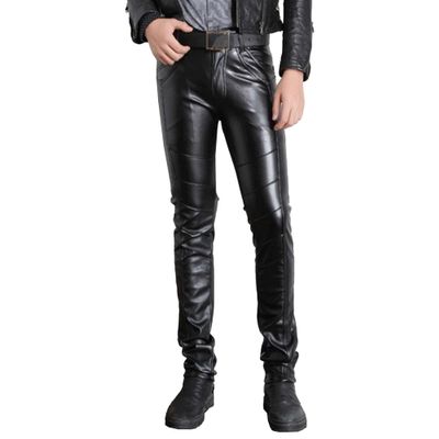 QOAAIE Mens Faux PU Leather Skinny Pants Slim Fit Stretch Straight Leg Trousers Business Casual Pencil Pants with Pockets (Black,30)