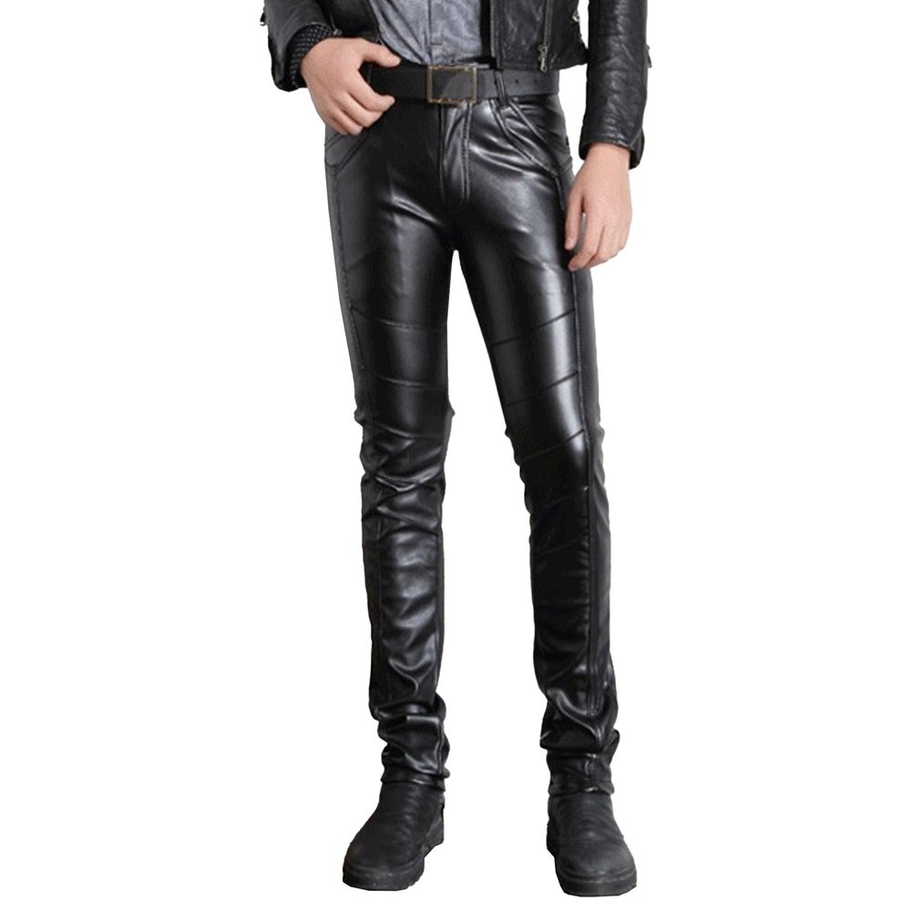 QOAAIE Mens Faux PU Leather Skinny Pants Slim Fit Stretch Straight Leg Trousers Business Casual Pencil Pants with Pockets (Black,30)