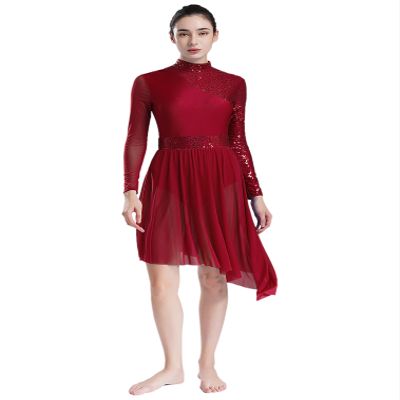 ranrann Womens Sequins Lyrical Dance Costumes Mock Neck Irregular Hem Dress for Stage Performance Burgundy Medium