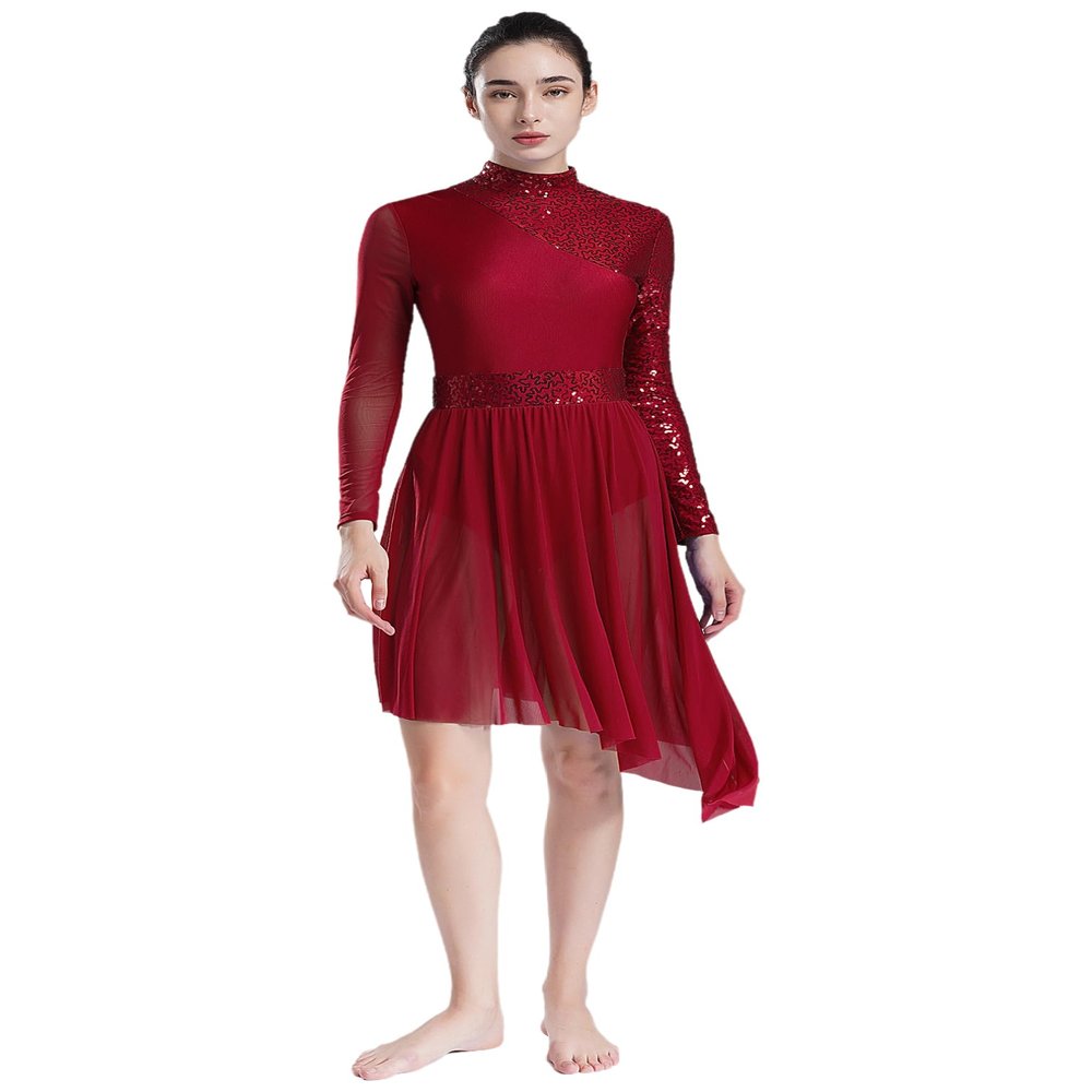ranrann Womens Sequins Lyrical Dance Costumes Mock Neck Irregular Hem Dress for Stage Performance Burgundy Medium