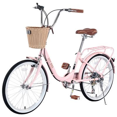 22 Inch Girl's Bicycle 7 Speed Beach Cruiser Bike for Girl & Women, Commute Bike for Gril Womens Bicycle with Basket Adjustable Seat, Multiple Color Best Gifts for Christmas. (22"Wheel 7 Speed, Pink)