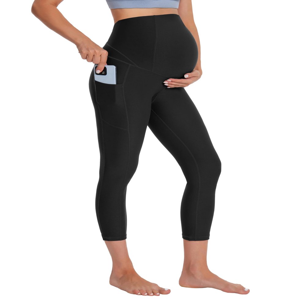 BUBBLELIME 22"/26" Maternity Yoga Leggings Soft Over The Belly Pregnancy Pant with Pockets - Maternity Capris_Black Small-22 Inseam