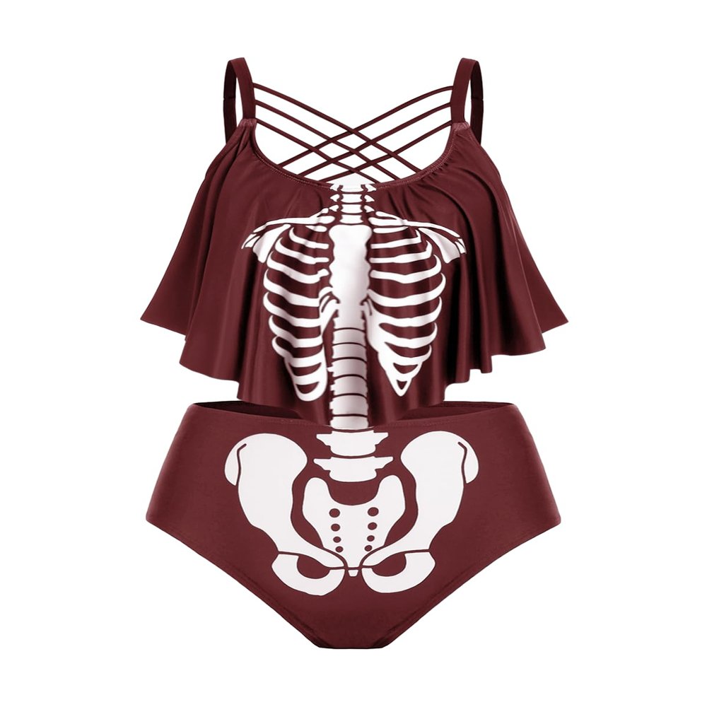 Rosegal Womens Plus Size Skeleton Print Flounce Crisscross Strappy Tankini Swimwear Set(Red/M)