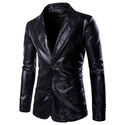 Qolkmuiy-GJ Men's Shiny Metallic 2 Button Suit Night Club Leather Blazer Buttons Prom Sport Coat Slim Fit Tux Jacket Outfit (Black,X-Large)