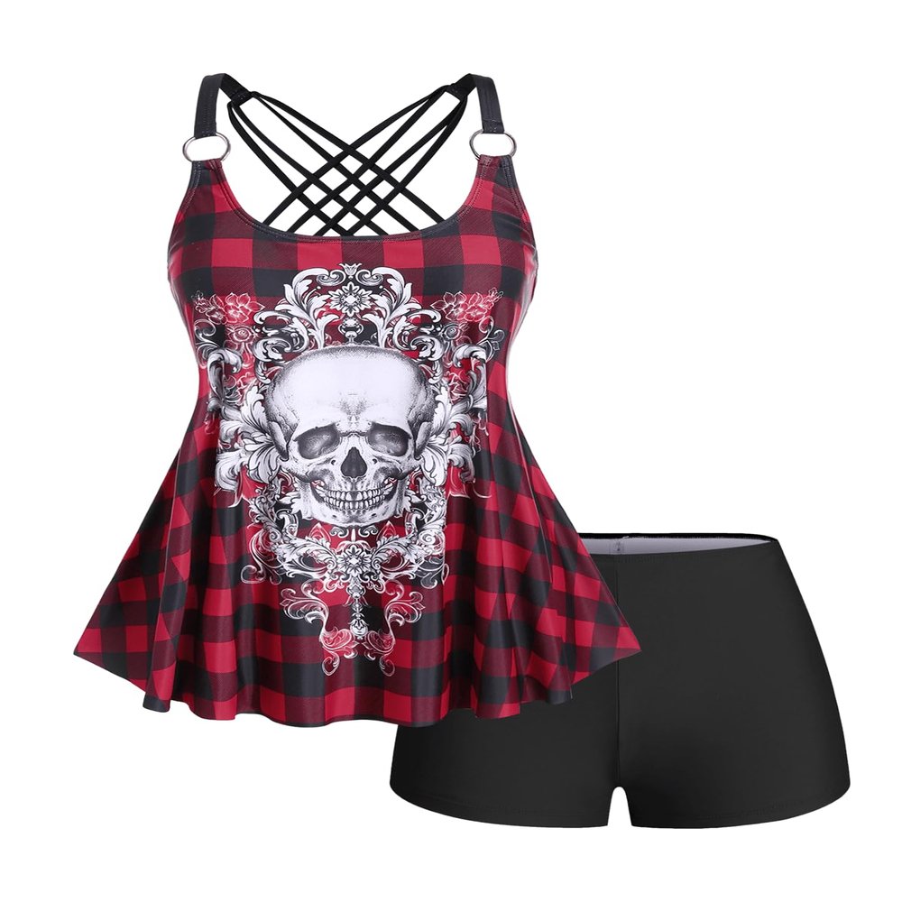 ROSE GAL Womens Plus Size Gothic Skull Plaid Padded Boyleg Strappy Modest Tankini Swimsuit Set(Red/M)