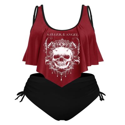 ROSE GAL Womens Plus Size Curve Gothic Skull Print Ruffled Overlay Tankini Swimwear Set(Red_1/2X)