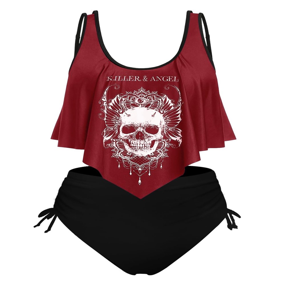 ROSE GAL Womens Plus Size Curve Gothic Skull Print Ruffled Overlay Tankini Swimwear Set(Red_1/2X)