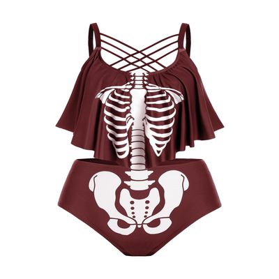 ROSE GAL Womens Plus Size Skeleton Print Flounce Crisscross Strappy Tankini Swimwear Set(Red/2X)