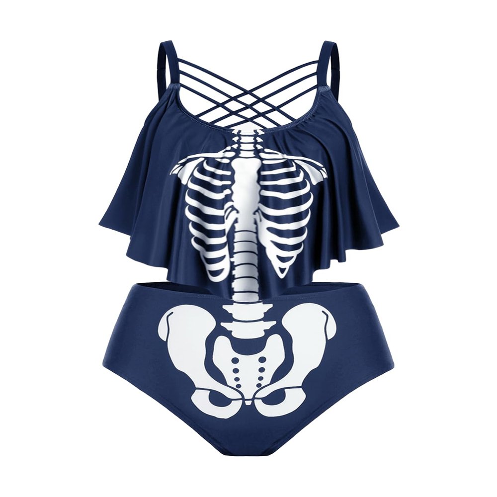 ROSE GAL Womens Plus Size Skeleton Print Flounce Crisscross Strappy Tankini Swimwear Set(Blue/L)