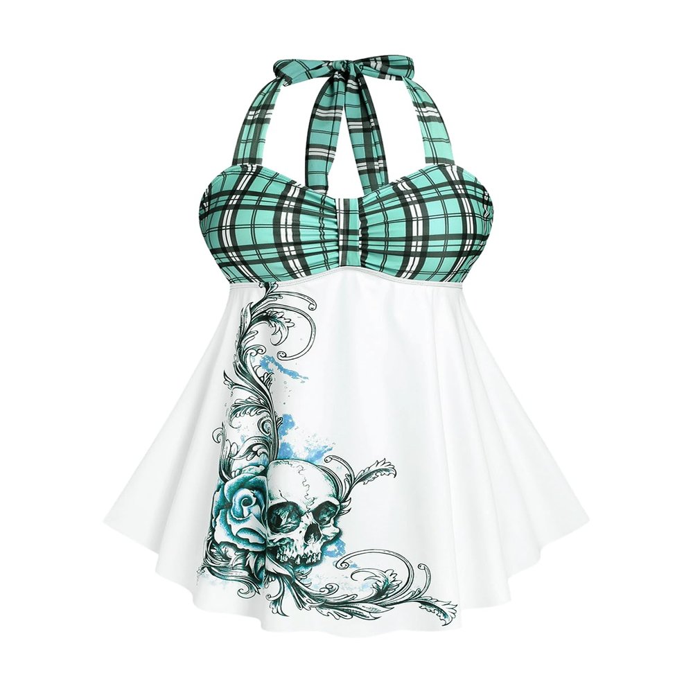 ROSE GAL Womens Plus Size Curve Halter Plaid Skull Print Backless Gothic Modest Tankini Swimsuit Set(Green_1/4X)