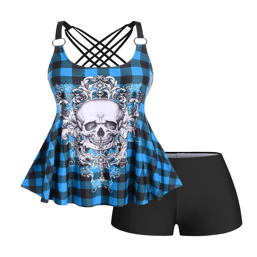ROSE GAL Womens Plus Size Gothic Skull Plaid Padded Boyleg Strappy Modest Tankini Swimsuit Set(Blue/3X)