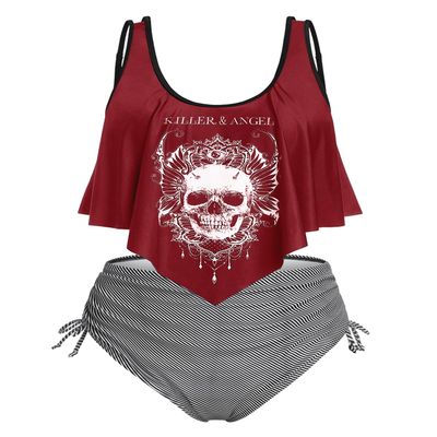 ROSE GAL Womens Plus Size Curve Gothic Skull Print Ruffled Overlay Tankini Swimwear Set(Red/5X)