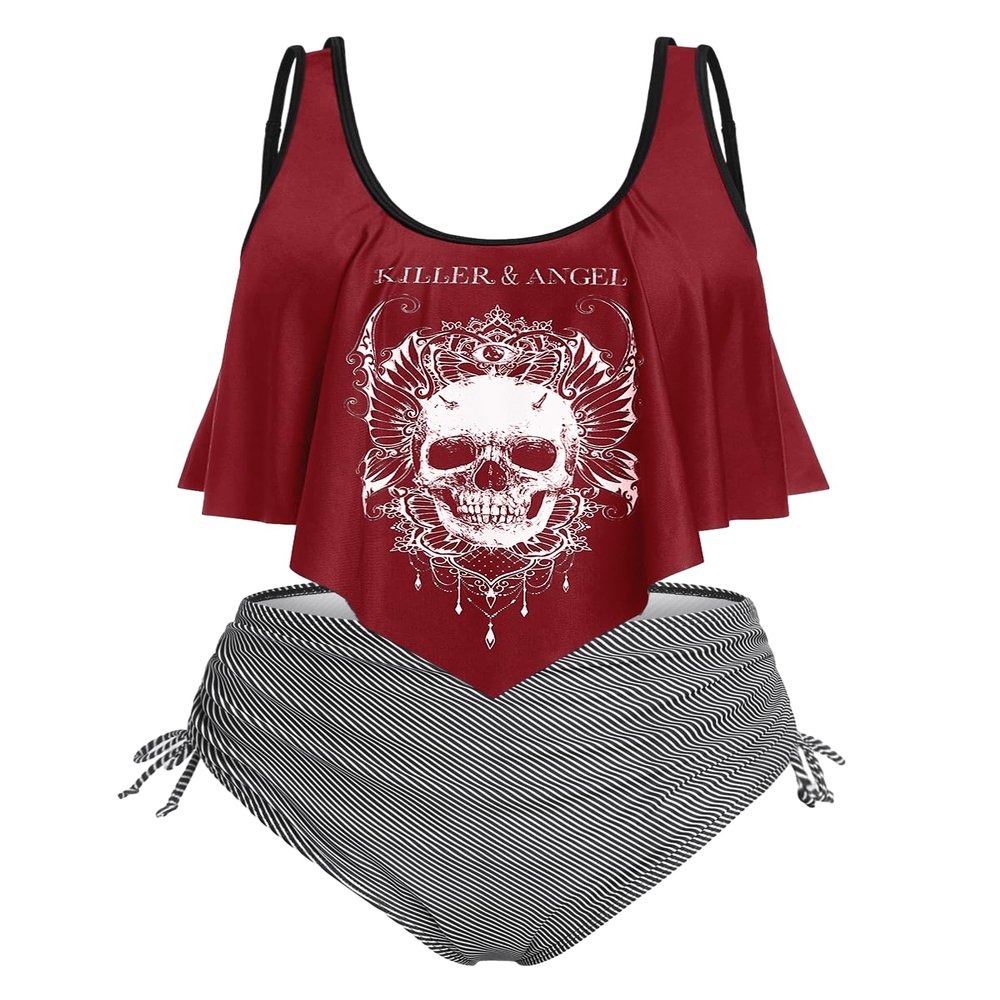 ROSE GAL Womens Plus Size Curve Gothic Skull Print Ruffled Overlay Tankini Swimwear Set(Red/5X)