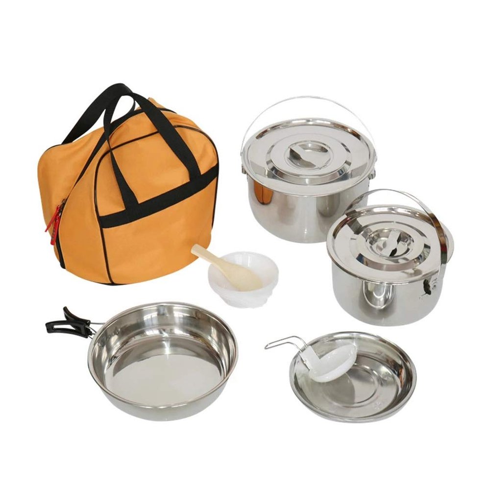 iumLeap Stainless Steel Folding Handle Hanging Pot Frying Pan Dish Cookware Set Portable Outdoor Camping Picnic