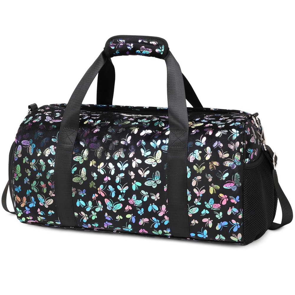 Duffle Bag for Girls Soft Fuzzy Butterfly Dance Bag for Girls Sports Gym Bag Ballet Bag Travel Duffle Bags with Shoes Compartment and Wet Pocket