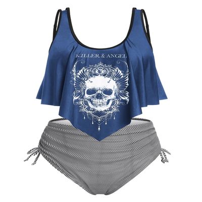 Rosegal Womens Plus Size Curve Gothic Skull Print Ruffled Overlay Tankini Swimwear Set(Blue/2X)