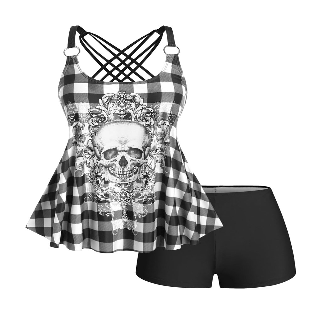 ROSE GAL Womens Plus Size Gothic Skull Plaid Padded Boyleg Strappy Modest Tankini Swimsuit Set(Black/3X)