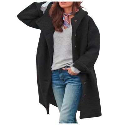 AOREUGL womens deals Womens Wool Blend Pea Coat Winter Warm Single Breasted Hooded Trench Coat Casual Office Work Dressy Outwear Jacket lightweight winter coat Black L