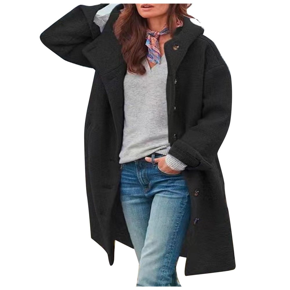 AOREUGL womens deals Womens Wool Blend Pea Coat Winter Warm Single Breasted Hooded Trench Coat Casual Office Work Dressy Outwear Jacket lightweight winter coat Black L