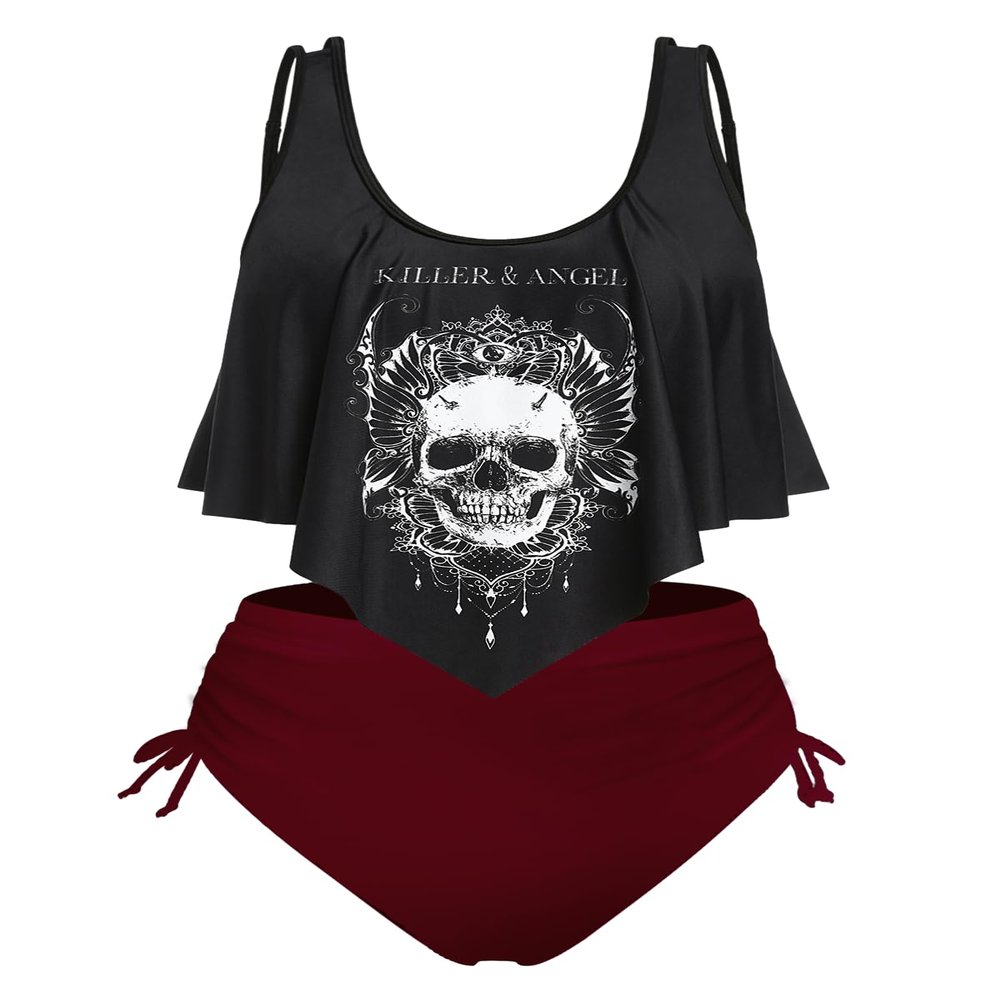 ROSE GAL Womens Plus Size Curve Gothic Skull Print Ruffled Overlay Tankini Swimwear Set(Black_2/3X)