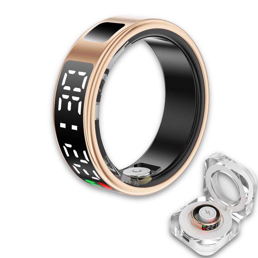 OWILIWO Smart Ring Health Tracker, Wearable Sleep Heart Rate Step Blood Oxygen Tracker, IP68 Waterproof Smart Ring with LED Screen to Track All Your Important Health Indicators (Gold, 10)