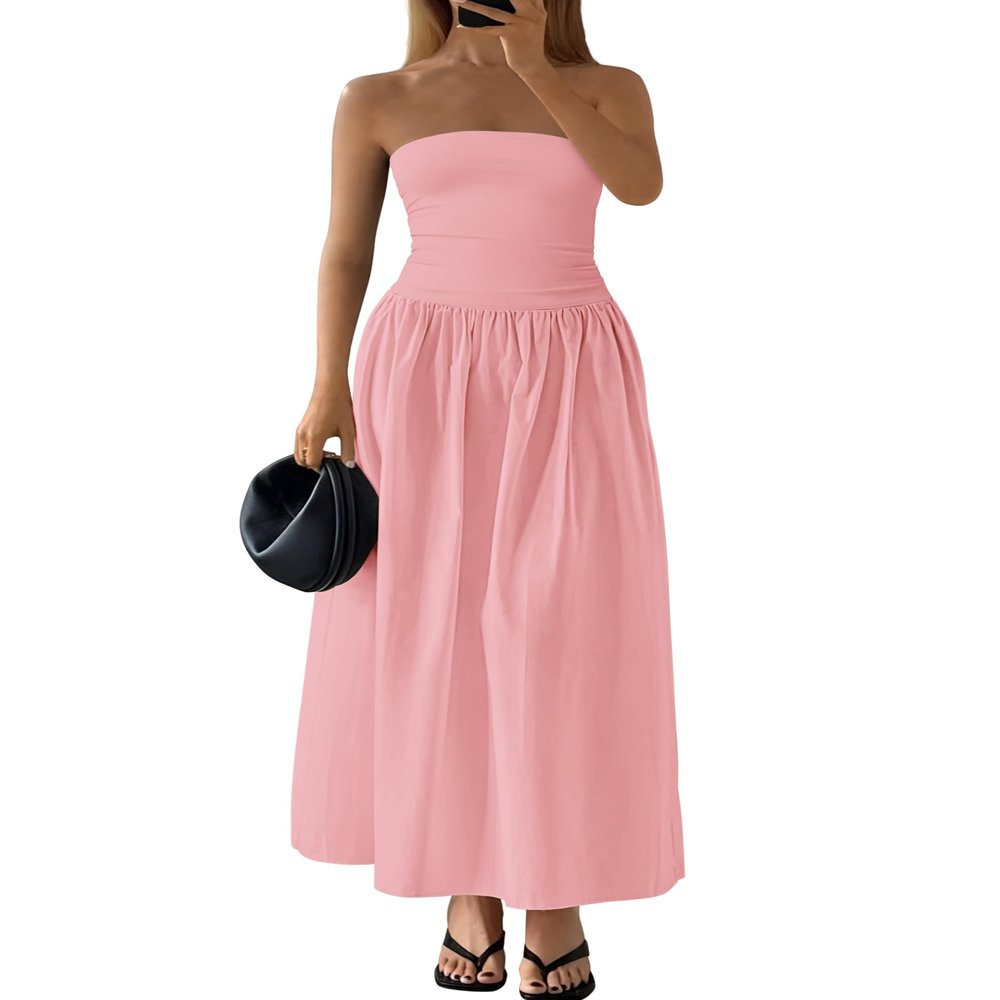 PRETTYGARDEN Women 2025 Summer Elegant Strapless Maxi Dress Tube Top Dress A Line Flowy Long Wedding Party Cocktail Dresses(Pink,Medium)