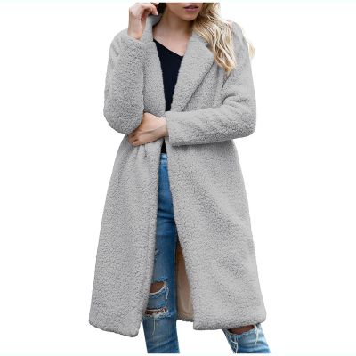 fall deals Women's 2024 Winter Sherpa Peacoat Solid Color Lapel Oversized Fleece Outerwear Long Sleeve Open Front Trench Jacket coat women Gray 3X