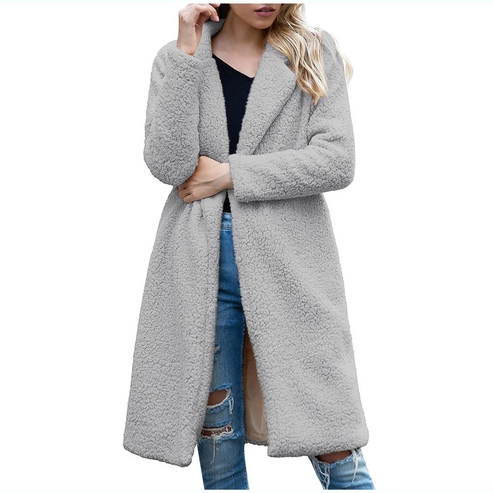 fall deals Women's 2024 Winter Sherpa Peacoat Solid Color Lapel Oversized Fleece Outerwear Long Sleeve Open Front Trench Jacket coat women Gray 3X