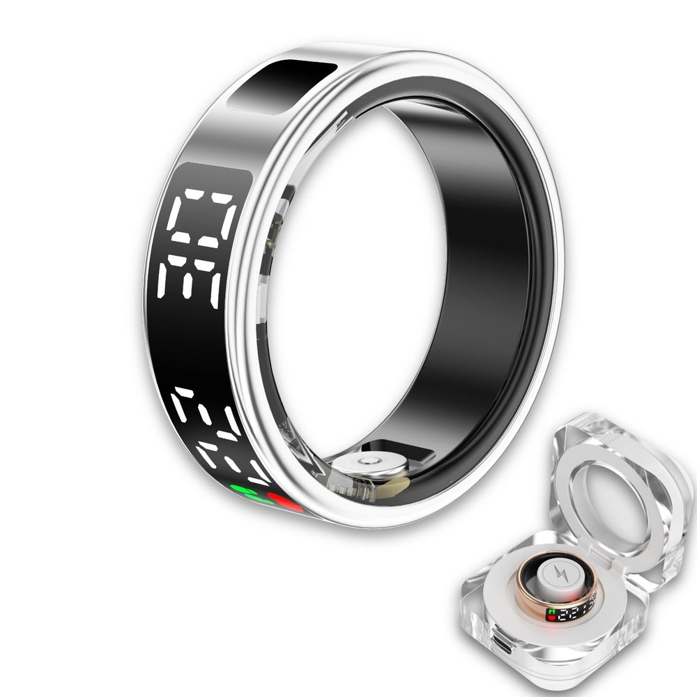 OWILIWO Smart Ring Health Tracker, Wearable Sleep Heart Rate Step Blood Oxygen Tracker, IP68 Waterproof Smart Ring with LED Screen to Track All Your Important Health Indicators (Silver, 9)